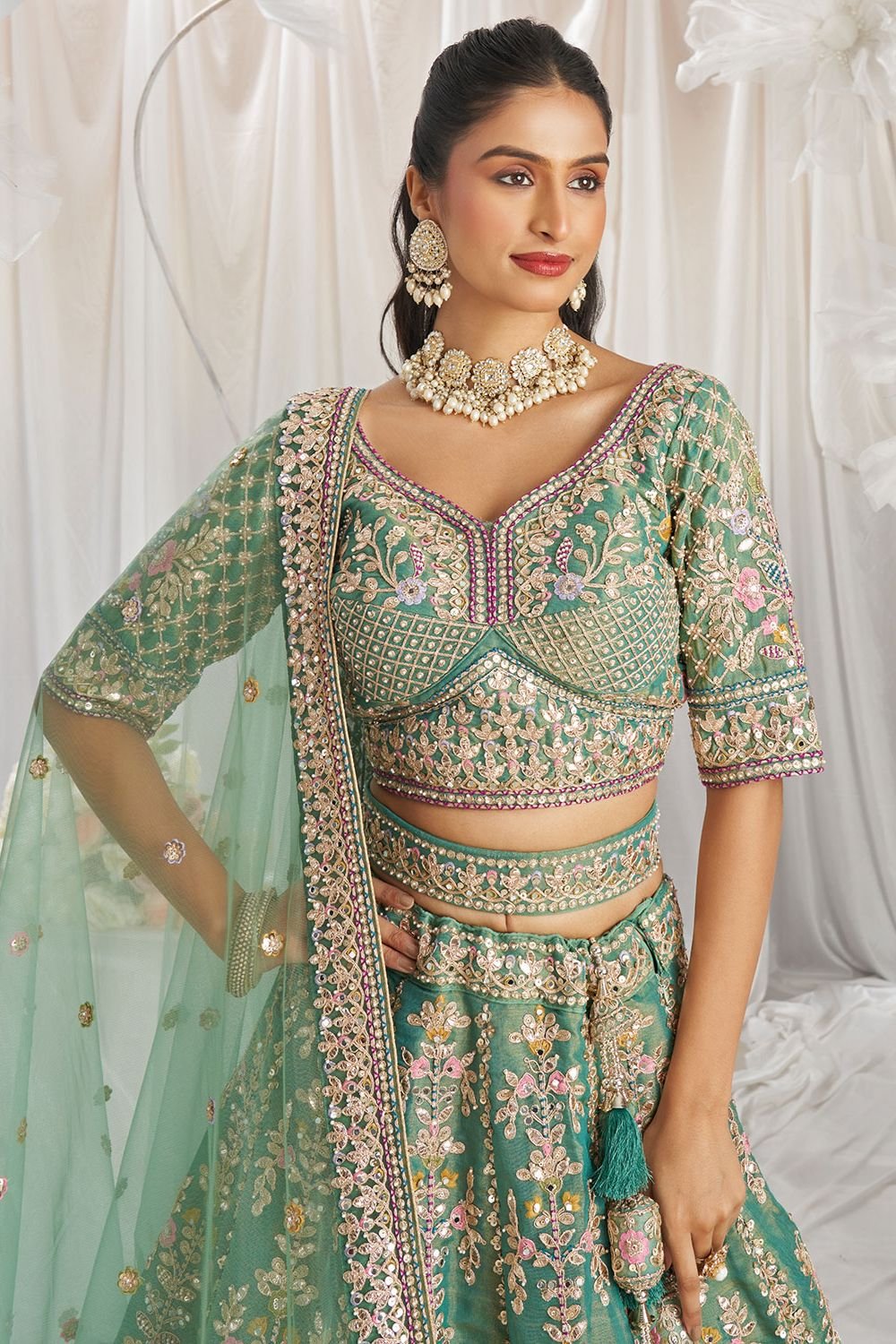 Green Tissue Bridal Reception Party Lehenga Choli SFSA495303