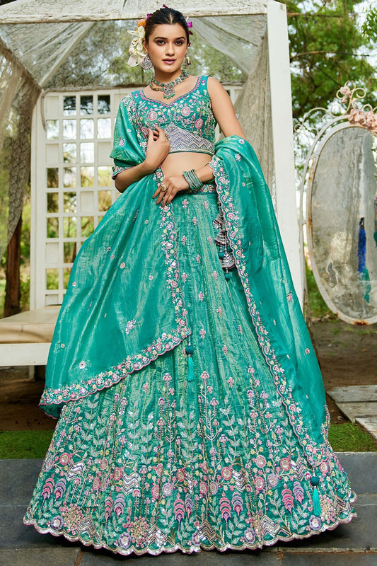 Green Tissue Wedding Party Lehenga Choli SFFK28904