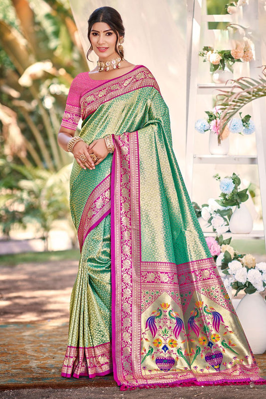 Green  Haldi Kanjivaram Silk Zari Woven Saree With Blouse SFSGM119106