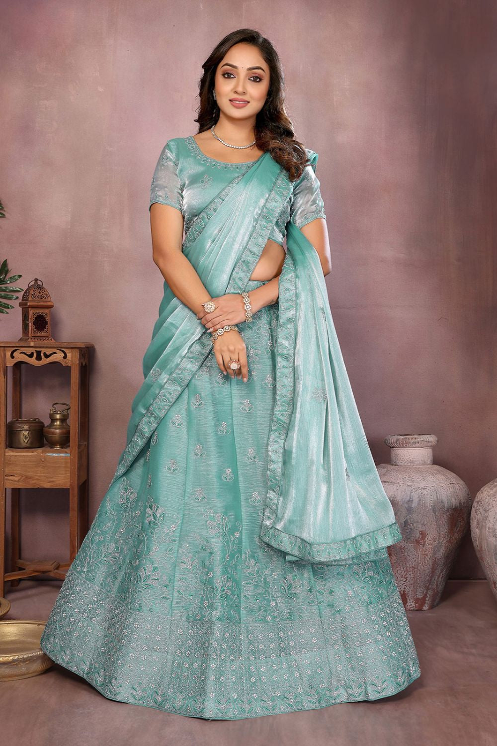 Green Silk Partywear Lehenga Choli  SFJBNF2403R