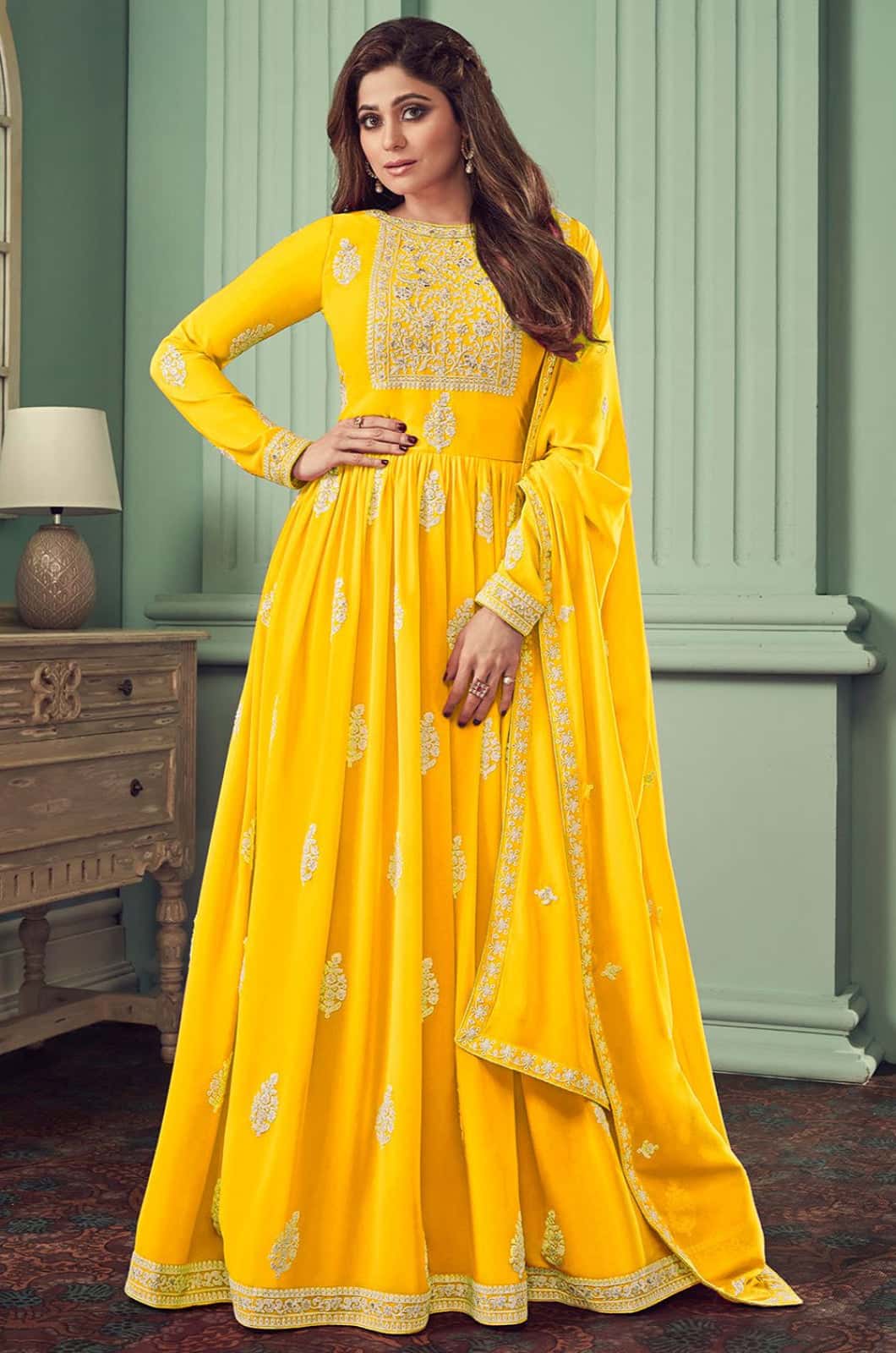gold anarkali dress uk Shop Mustard Zari Sequins Georgette Anarkali Suit Wedding Wear in UK