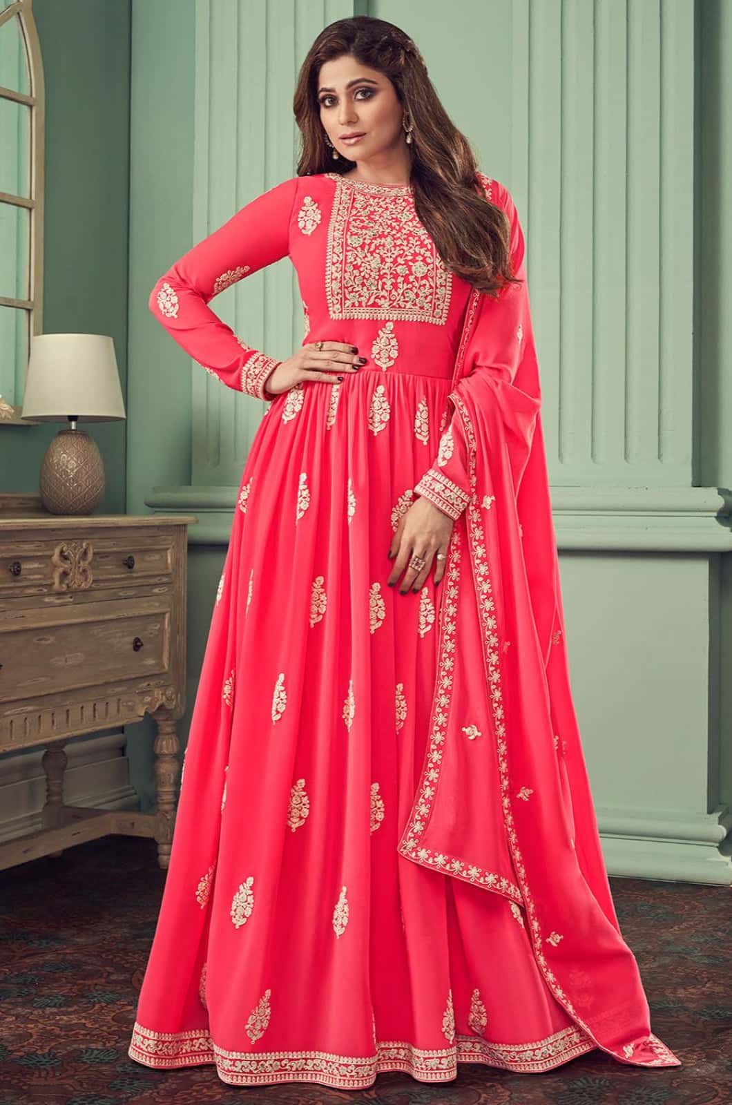 strapless open back dress Pink Haldi Georgette Anarkali Suit Sequins Embroidery SFFK31802 Fully-Stitched - Size Up to 42 -(XSmall