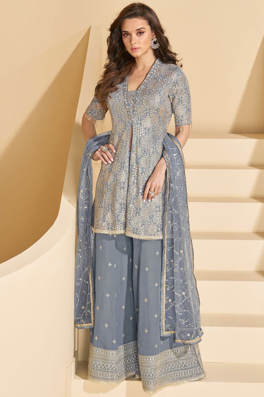 Grey Sangeet Partywear Georgette Palazzo Suit SFEDC18202R