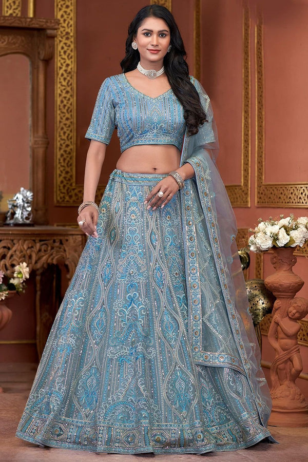 Blue Net Wedding Reception Lehenga Choli SFSA484507R