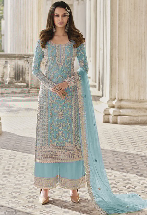 Blue Net Indian Sangeet Salwar Kameez  SFEDC2203