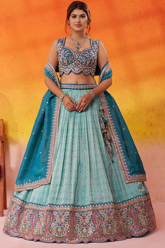 Turquoise Tissue Wedding Lehenga Choli SFROY565709