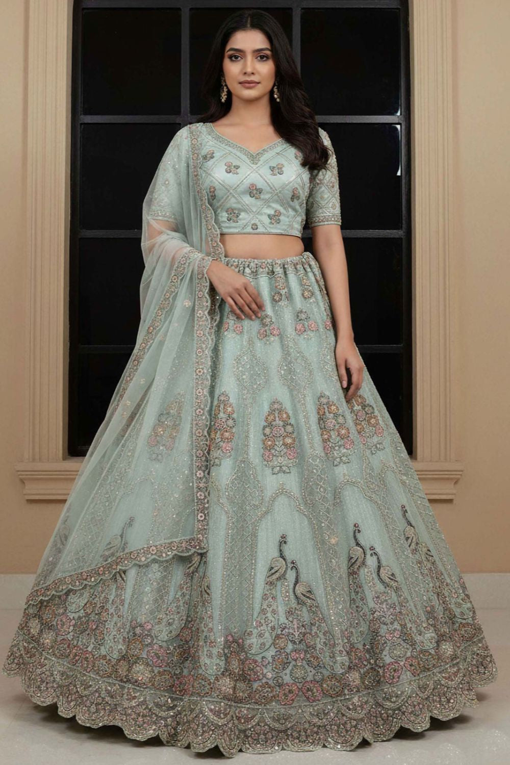 Blue Net Lehenga Choli - SFANJ3211