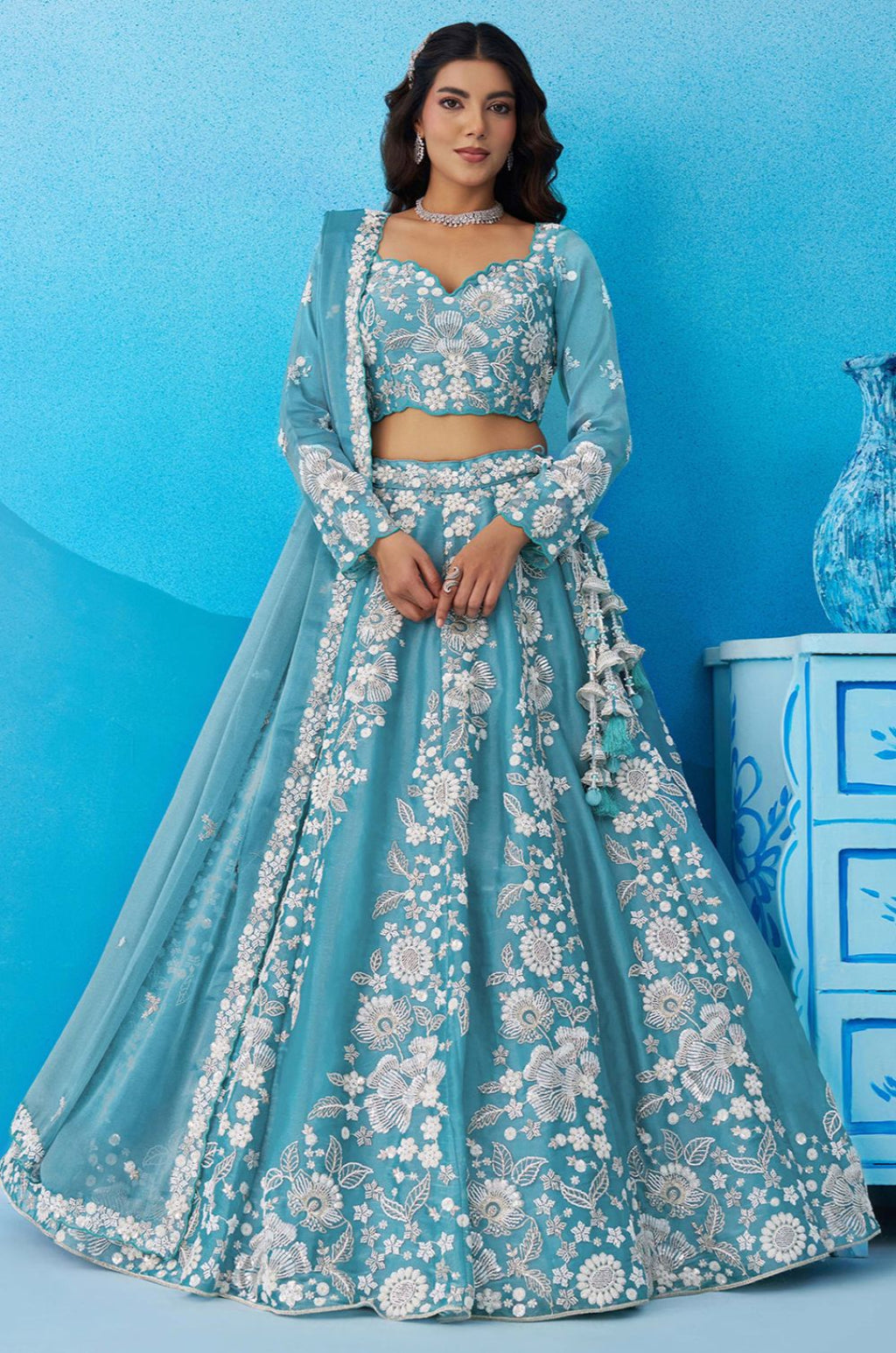 Blue Organza Lehenga Choli - SFROY571820