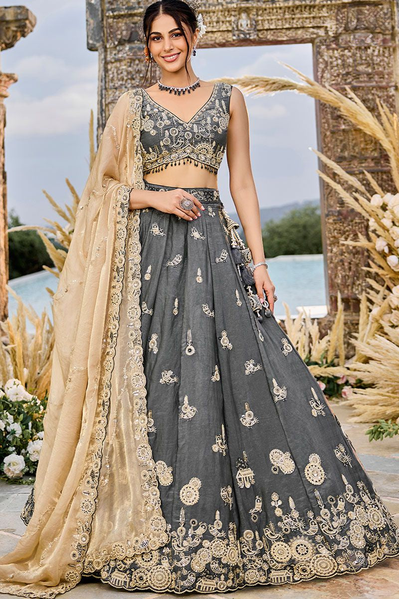Grey Silk Wedding Party Lehenga Choli SFPRF261504R