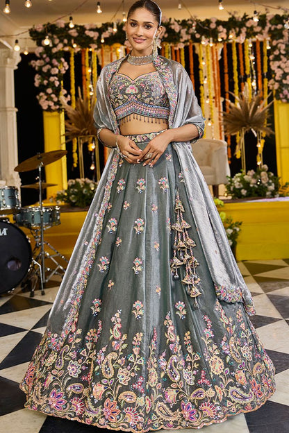 Grey Tissue Wedding Party Lehenga Choli SFPRF261509R