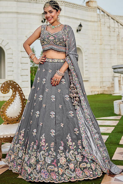 Grey Tissue Lehenga Choli In Embroidery SFPRF261510R