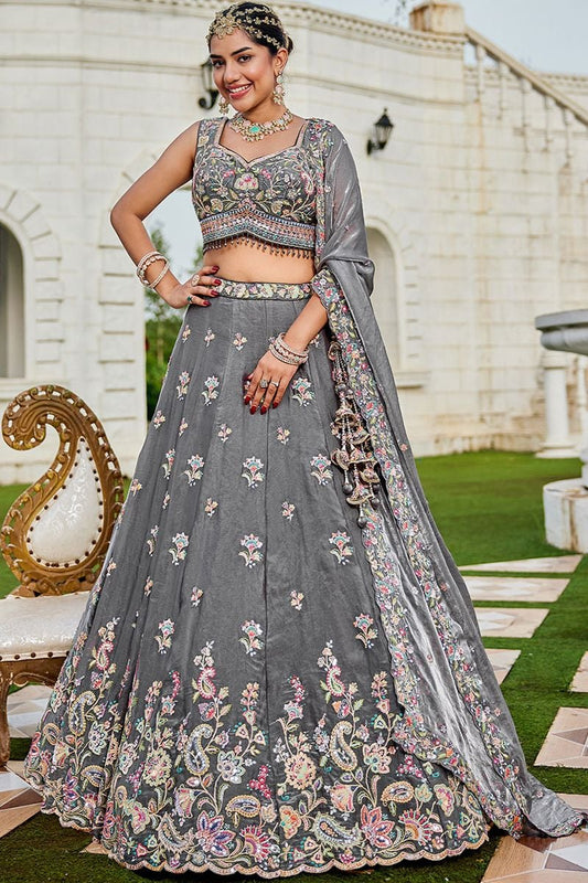 Grey Tissue Lehenga Choli In Embroidery SFPRF261510R