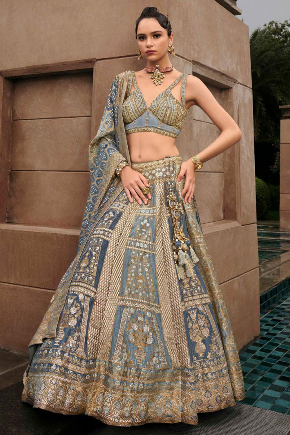 Pewter Grey Silk Designer Lehenga Set SFSA480904R