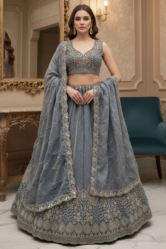 Grey Silk Lehenga Choli - SFANJ3198