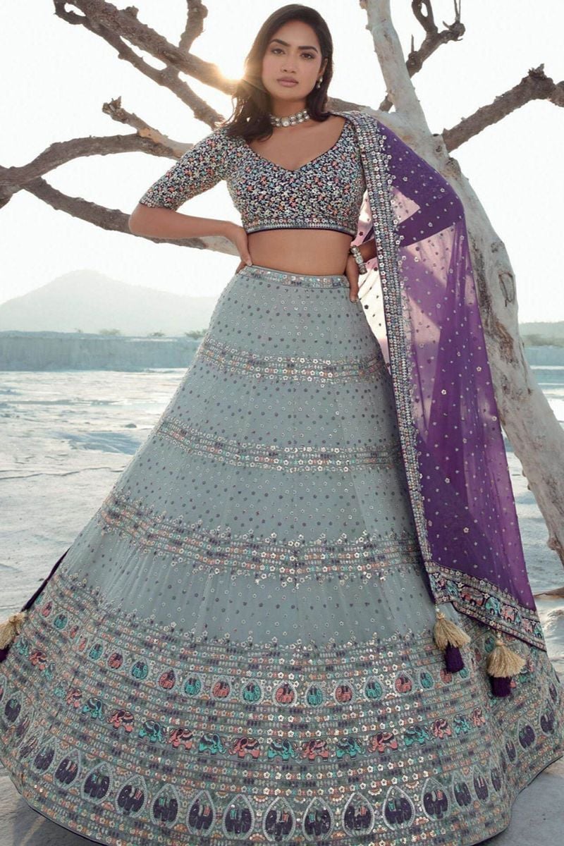 Grey Georgette Wedding Reception Lehenga Choli SFARY22303