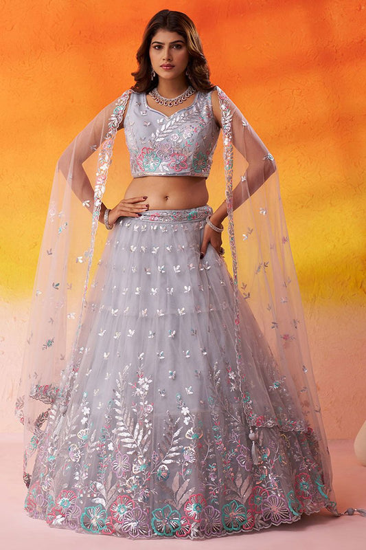 Grey Bridal Wedding Net Lehenga Choli SFROY565729