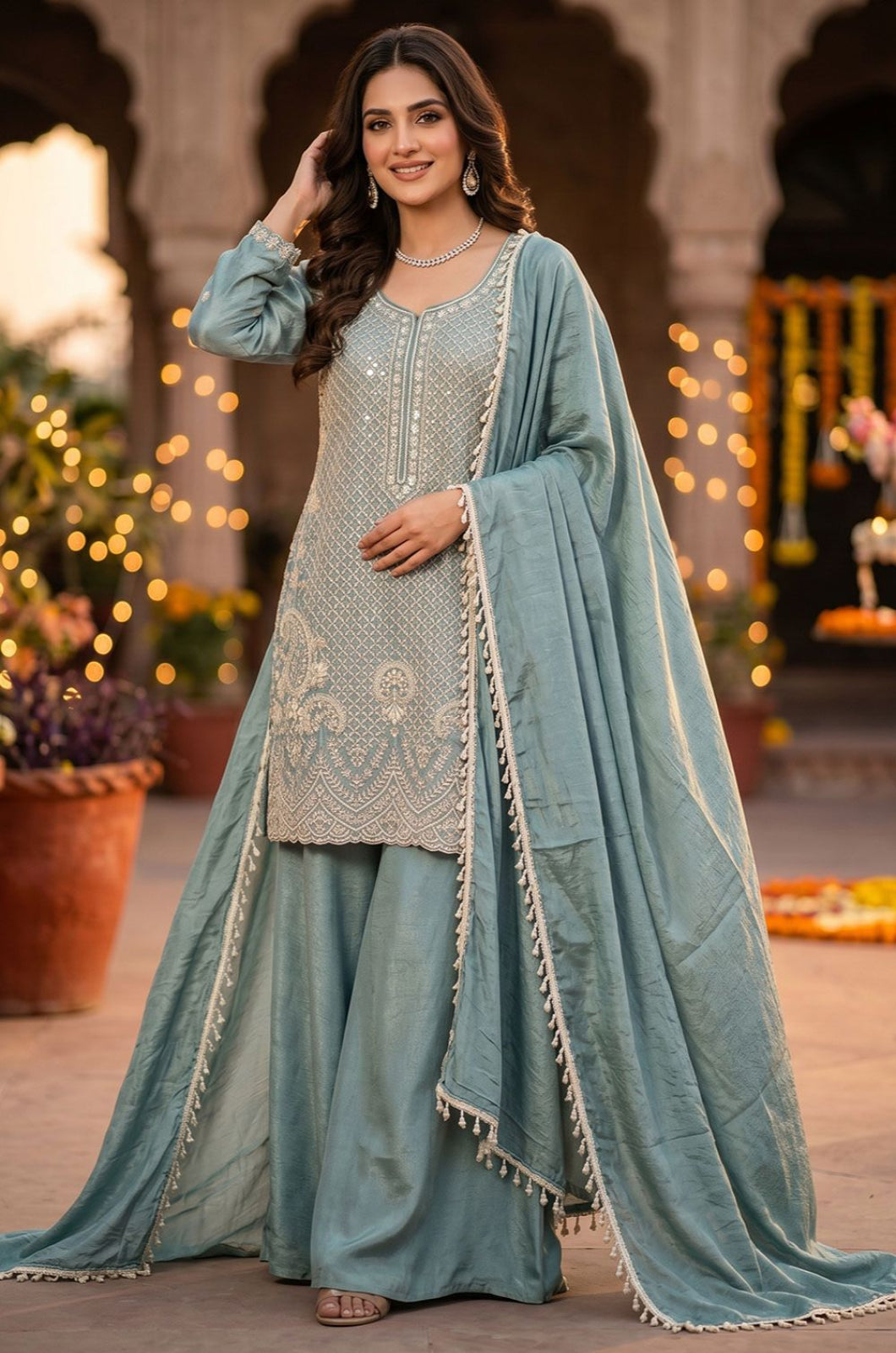 Blue Silk Salwar Kameez - SFEDC29902R