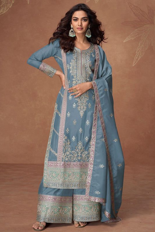 Grey Shimmer Silk Wedding Palazzo Suit With Sequin Work SFYS145503R