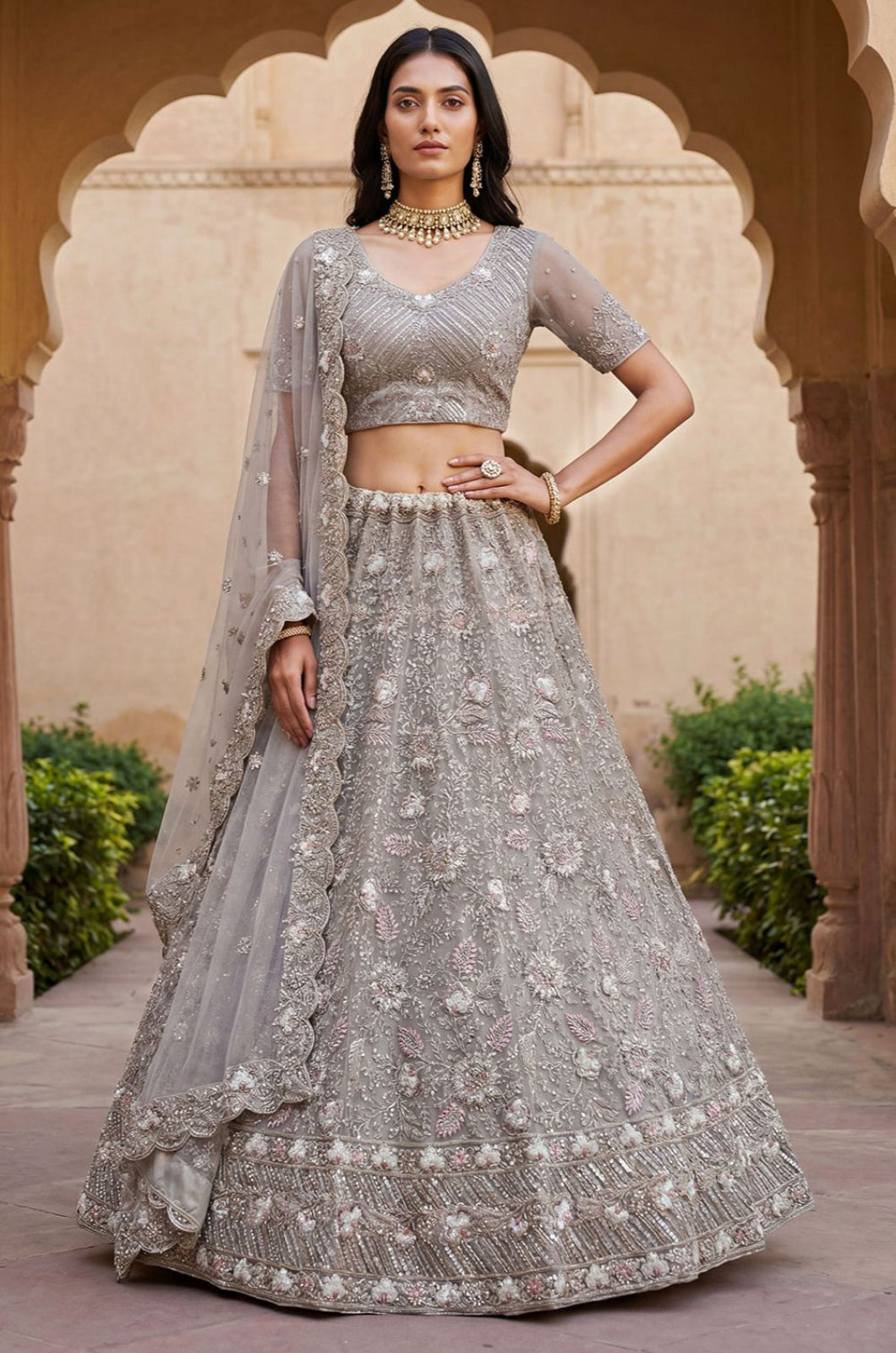 Grey Net Lehenga Choli - SFANJ3276