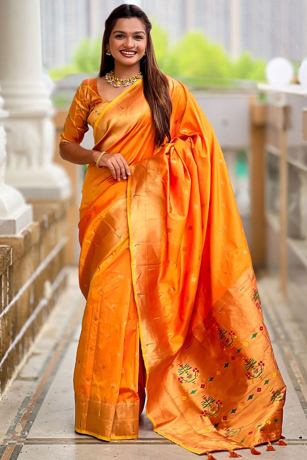 Orange Sleek Paithani Silk Saree With Blouse  SFPRF251304