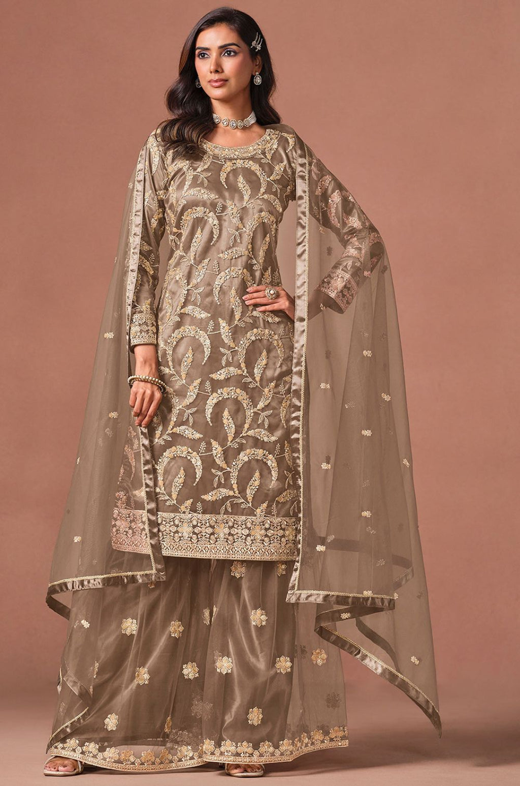 Grey Net Salwar Kameez - SFDFS39203R
