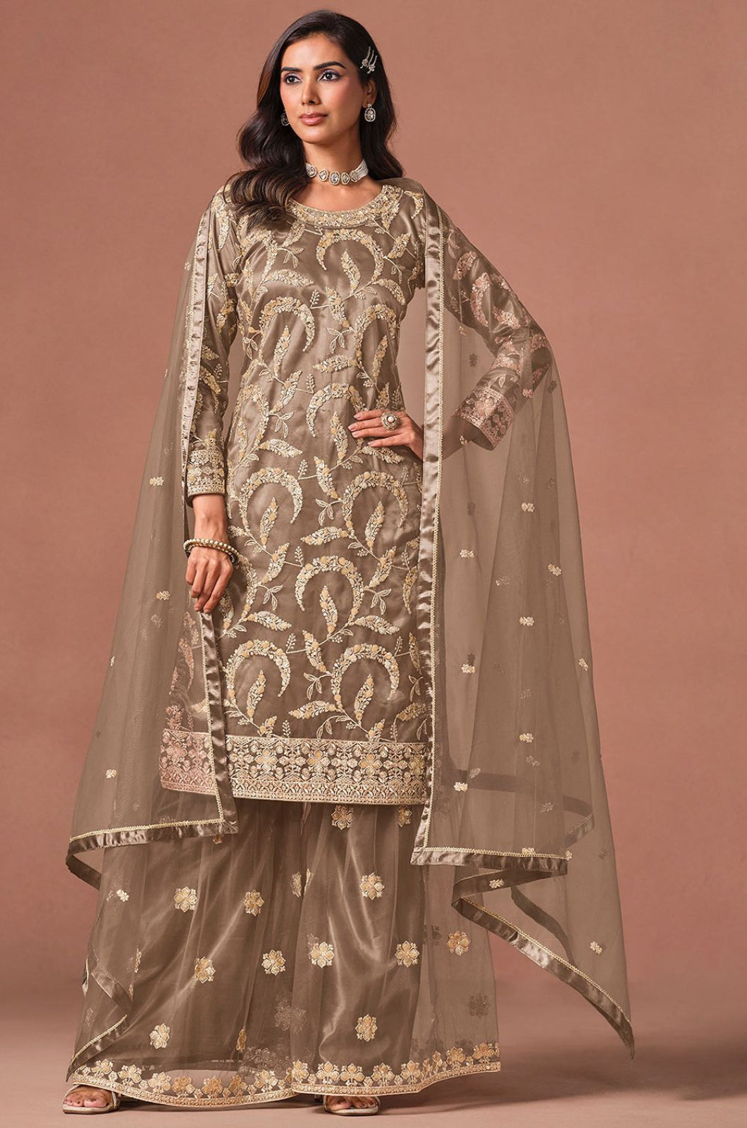 Grey Net Salwar Kameez - SFDFS39203R