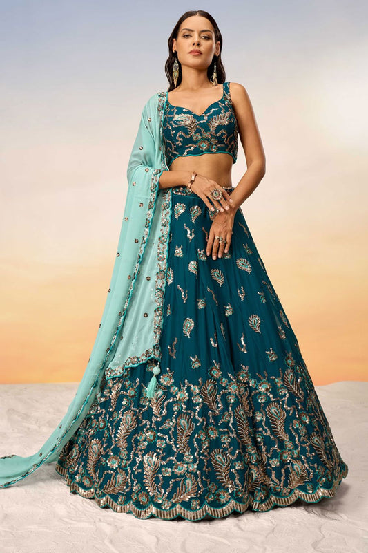 Blue Engagement Georgette With Zari Embroidery Lehenga Choli SFROY522424