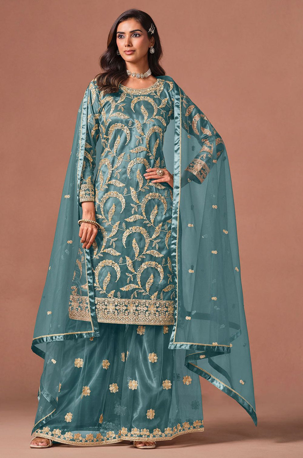 Blue Net Salwar Kameez - SFDFS39204R