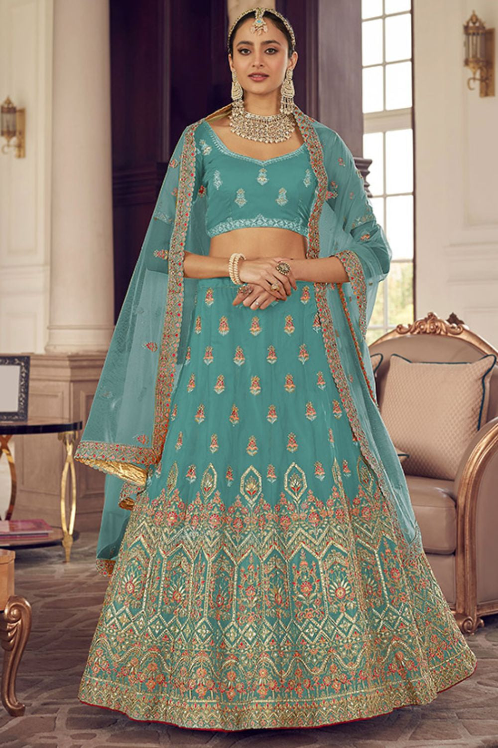 Blue Elite Bridal Sangeet Lehenga Choli In Organza SFARY11916