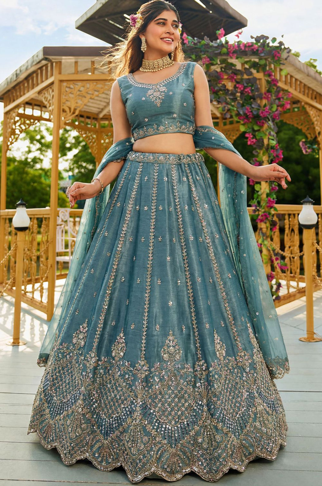 Firozi Satin Lehenga Choli - SFANJ3272
