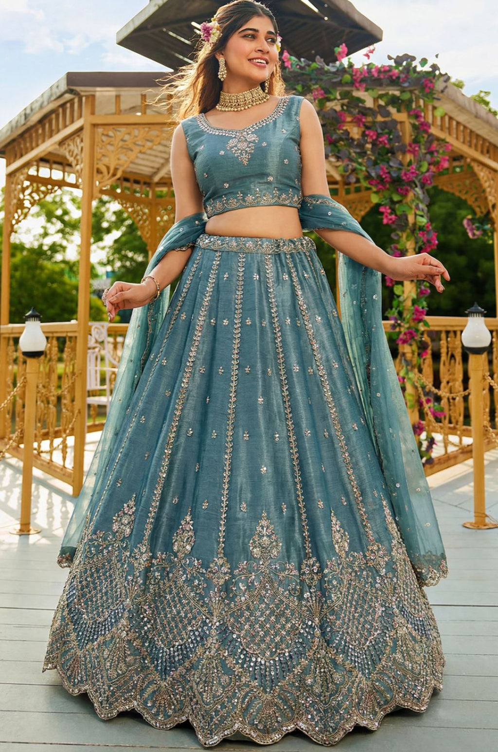 Firozi Satin Lehenga Choli - SFANJ3272