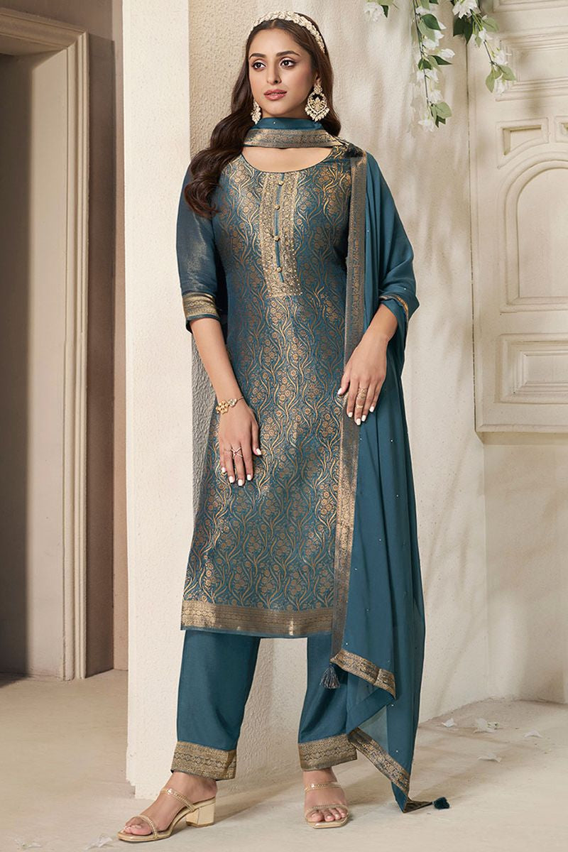 Blue Sangeet Jacquard Silk Salwar Kameez SFVNF1802R