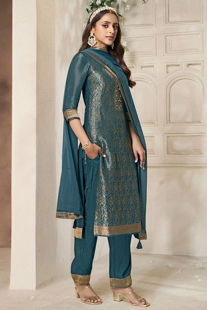 Blue Sangeet Jacquard Silk Salwar Kameez SFVNF1802R