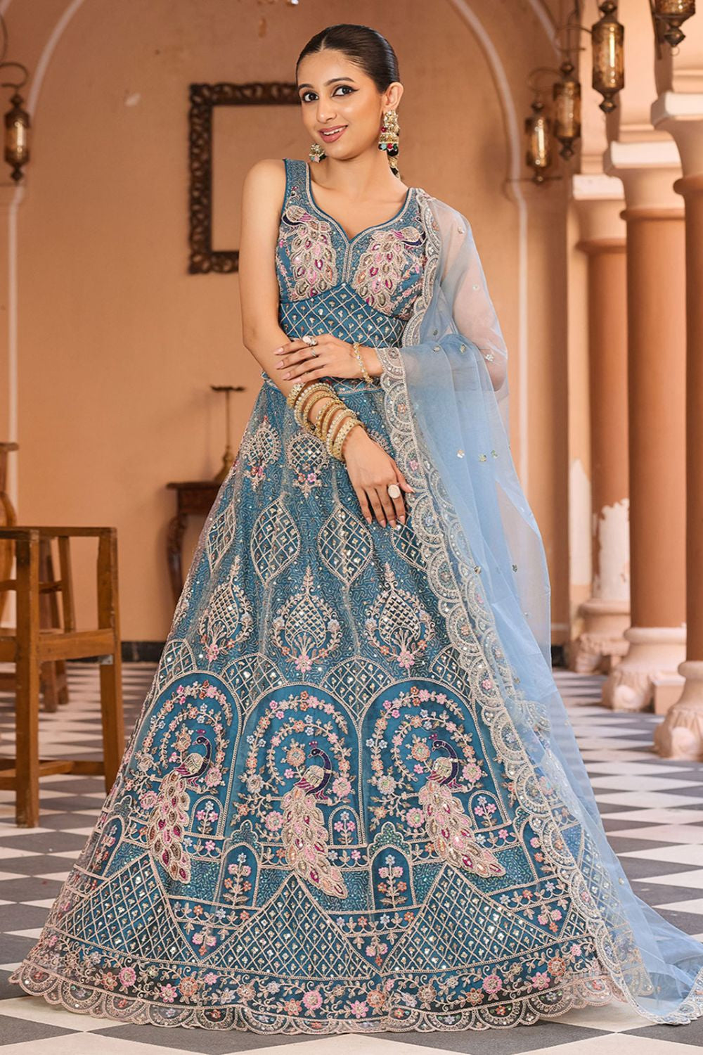 Blue Net Wedding Sangeet Lehenga Choli  SFPRF265607