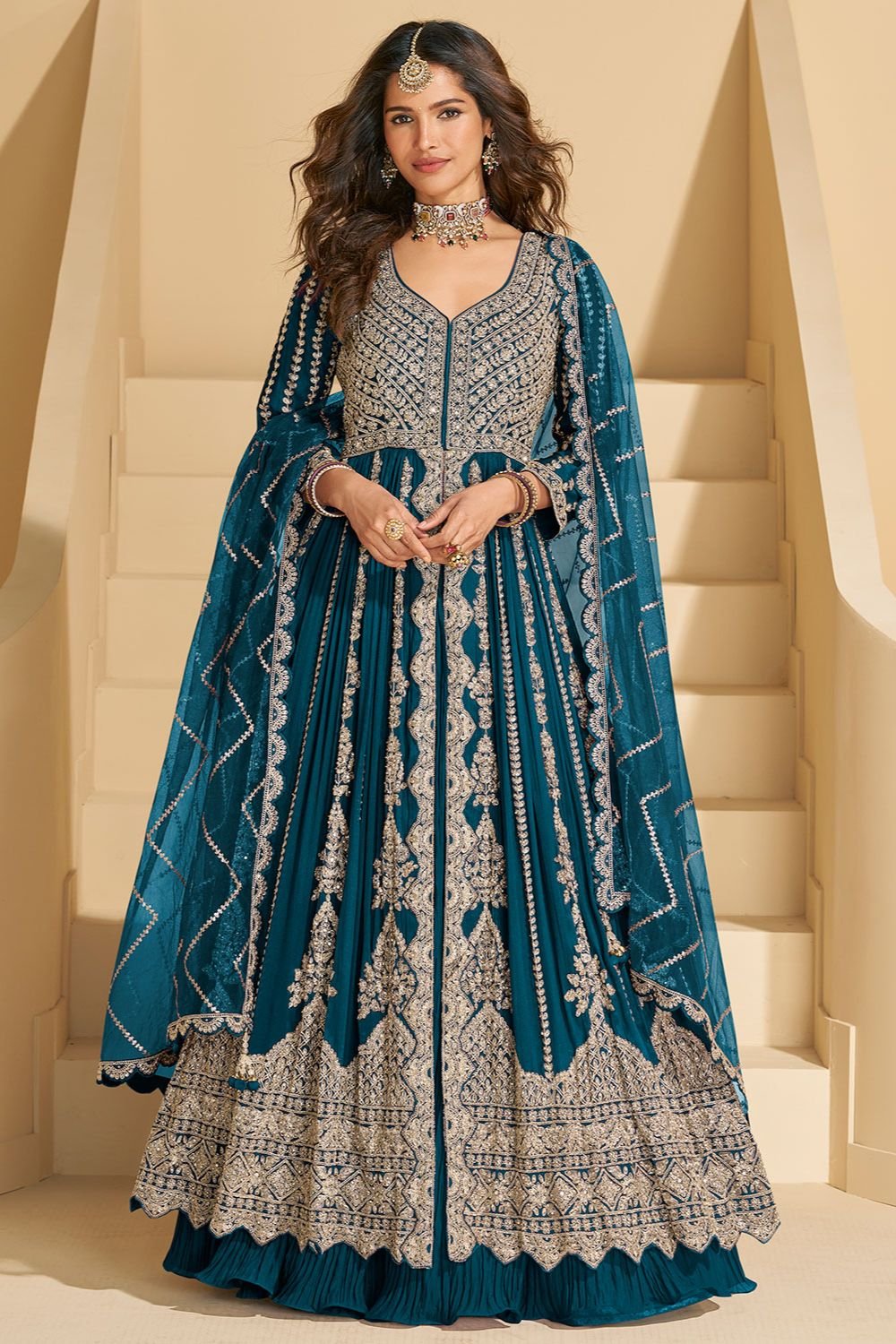 Blue  Silk Wedding Anarkali Suit Salwar Kameez SFSMT51105R
