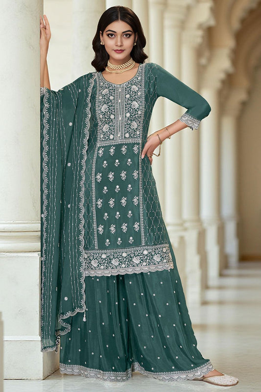 Green Chinnon Sangeet Ceremonial Palazzo Suit SFANB72202R