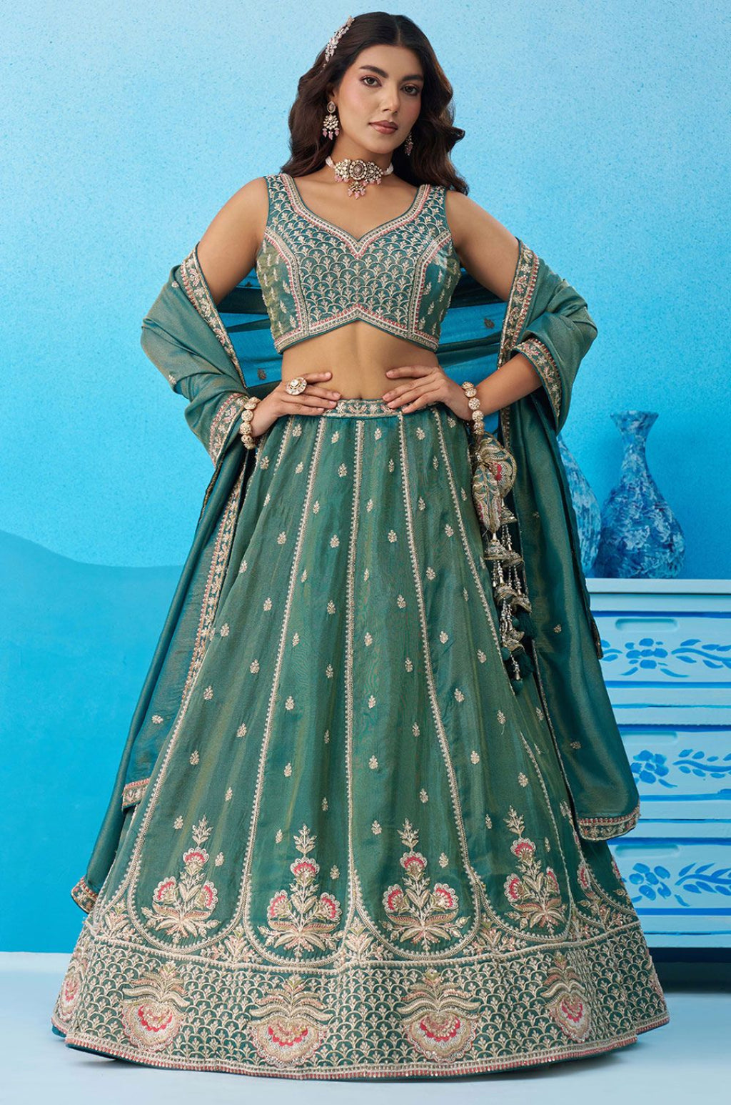 Green Tissue Lehenga Choli - SFROY571822