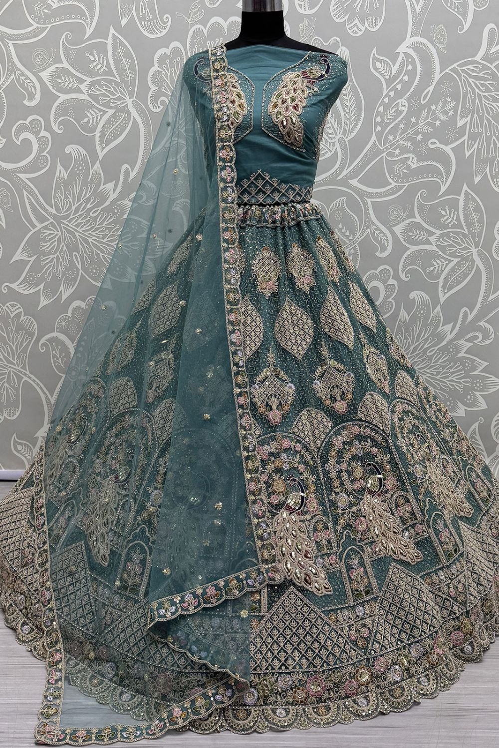 Grey Heavy Bridal Net Lehenga Choli SFANJ3060