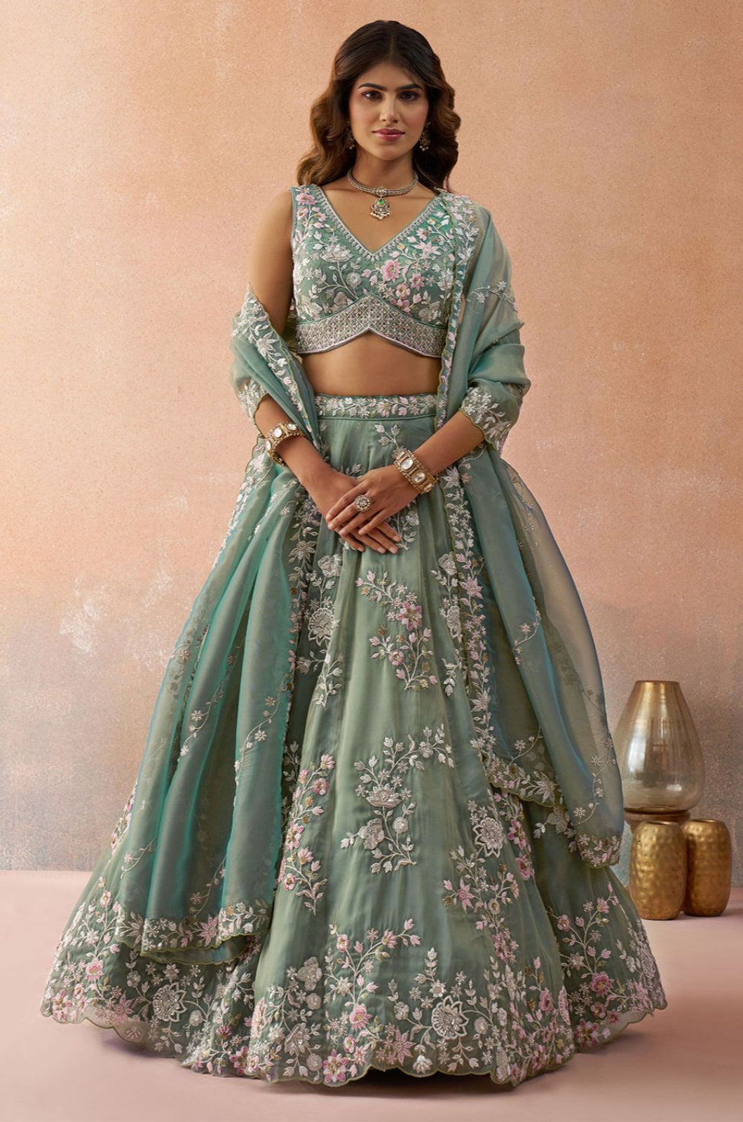 Green Tissue Lehenga Choli - SFROY571708