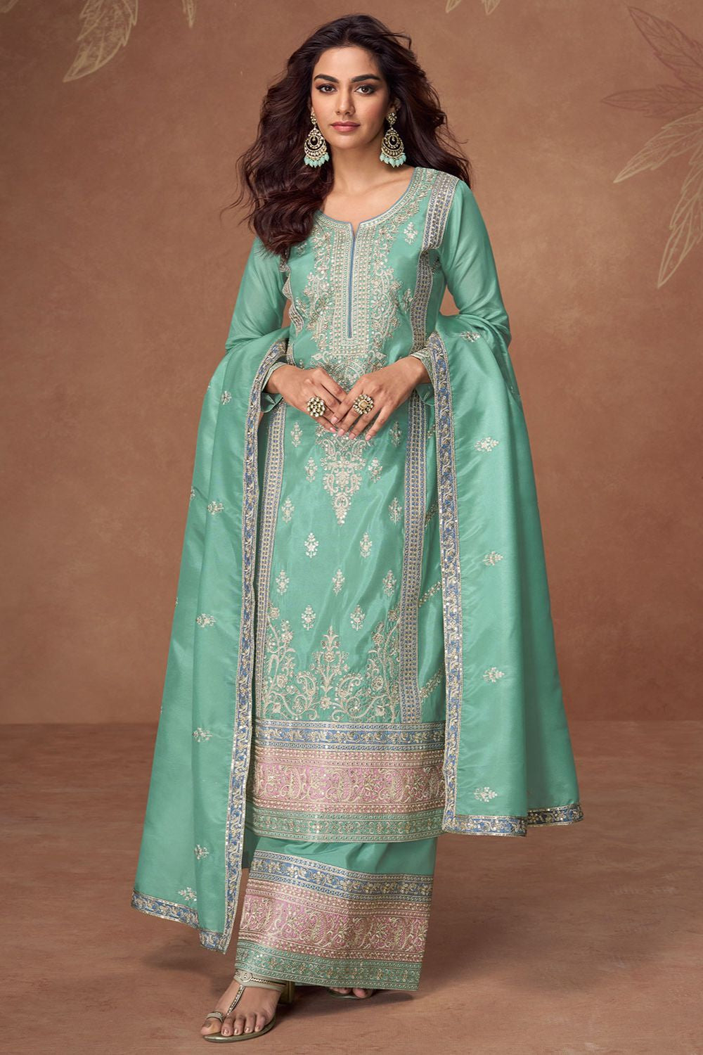 Turquoise Shimmer Silk Wedding Palazzo Suit With Sequin Work SFYS145502R