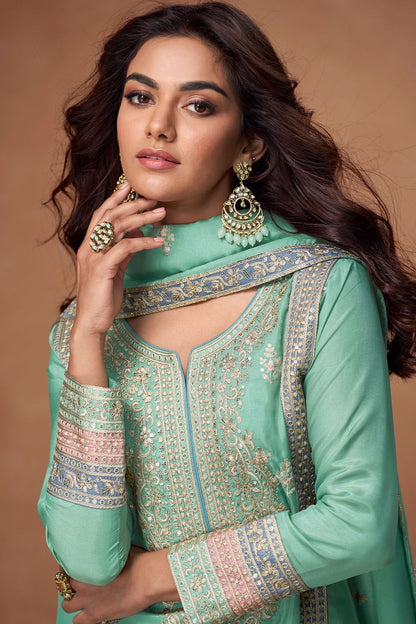Turquoise Shimmer Silk Wedding Palazzo Suit With Sequin Work SFYS145502R