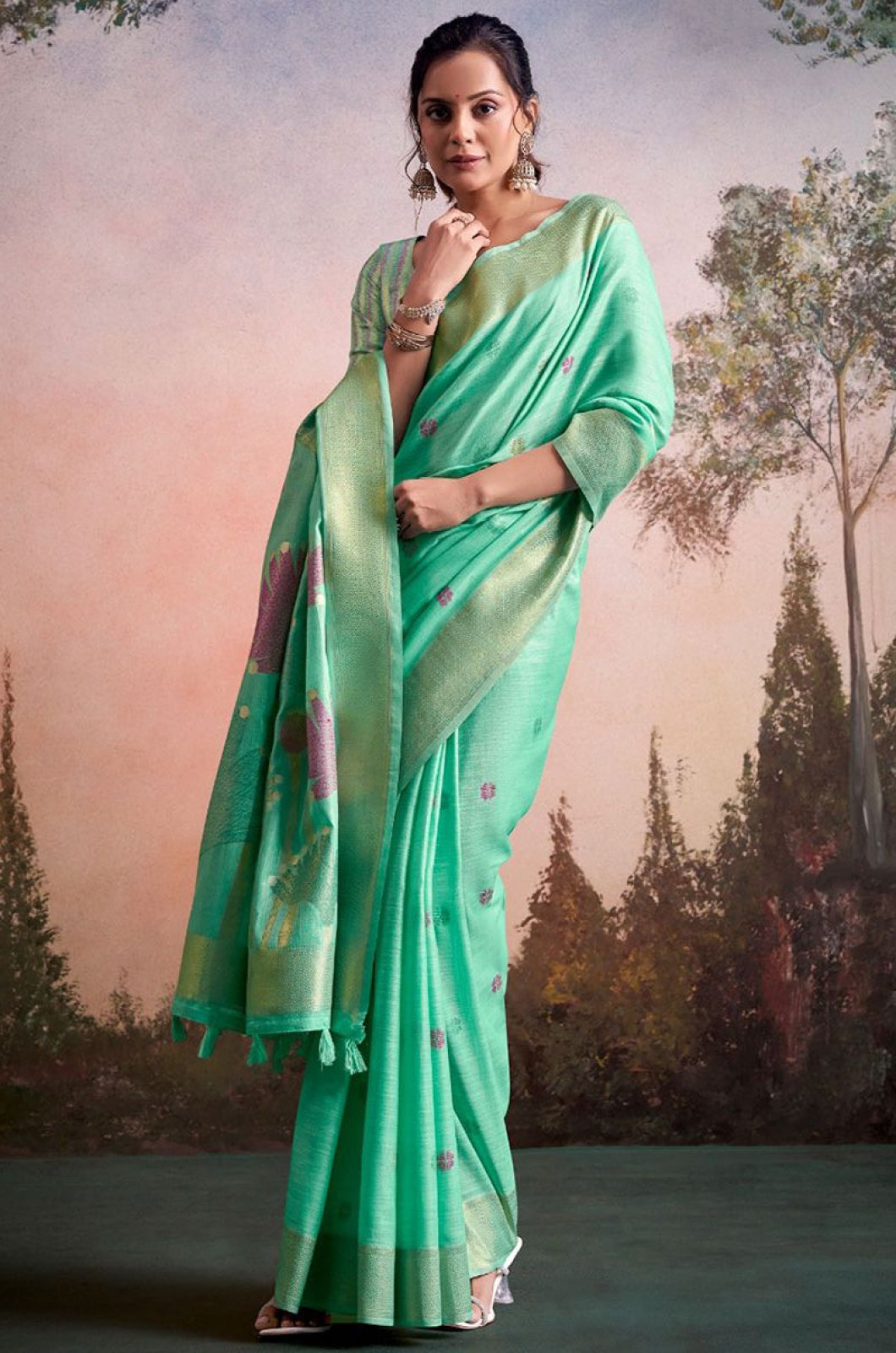 Turquoise Linen Sarees - SFSA577604
