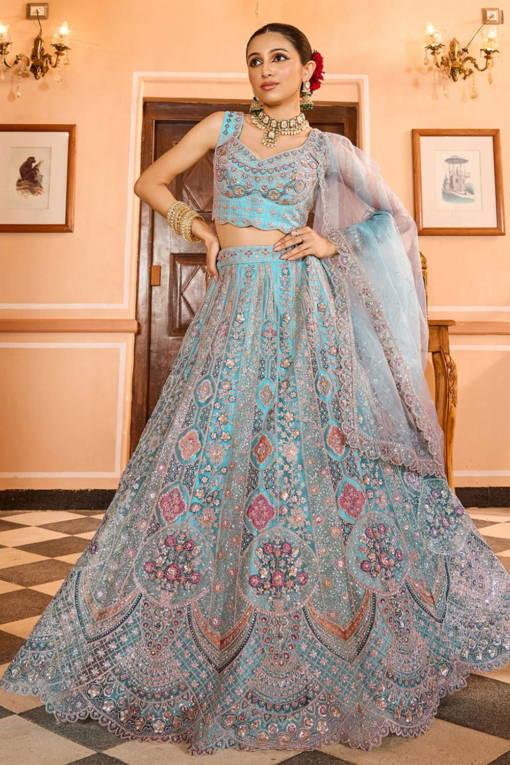 Turquoise Net Wedding Sangeet Lehenga Choli  SFPRF265613