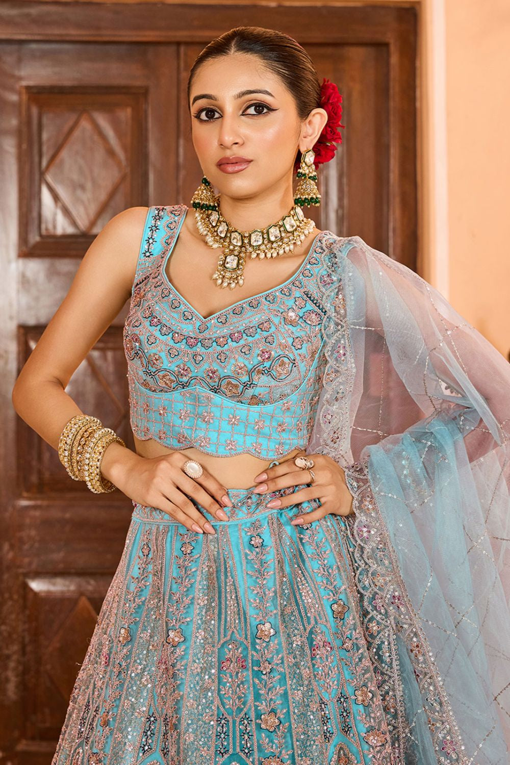 Turquoise Net Wedding Sangeet Lehenga Choli  SFPRF265613