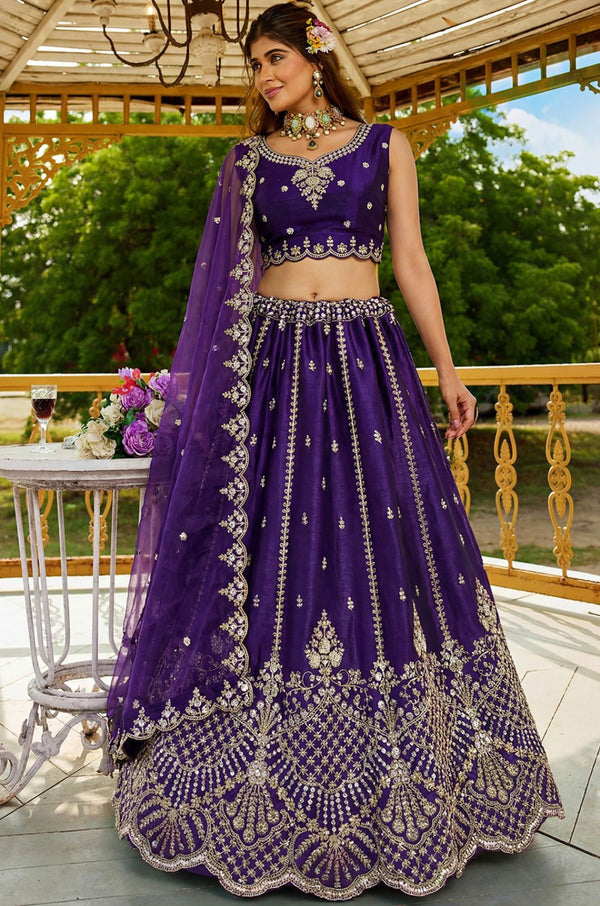 Purple Satin Lehenga Choli - SFANJ3270