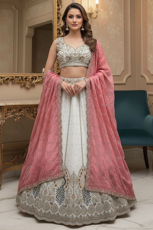 White Silk Lehenga Choli - SFANJ3196