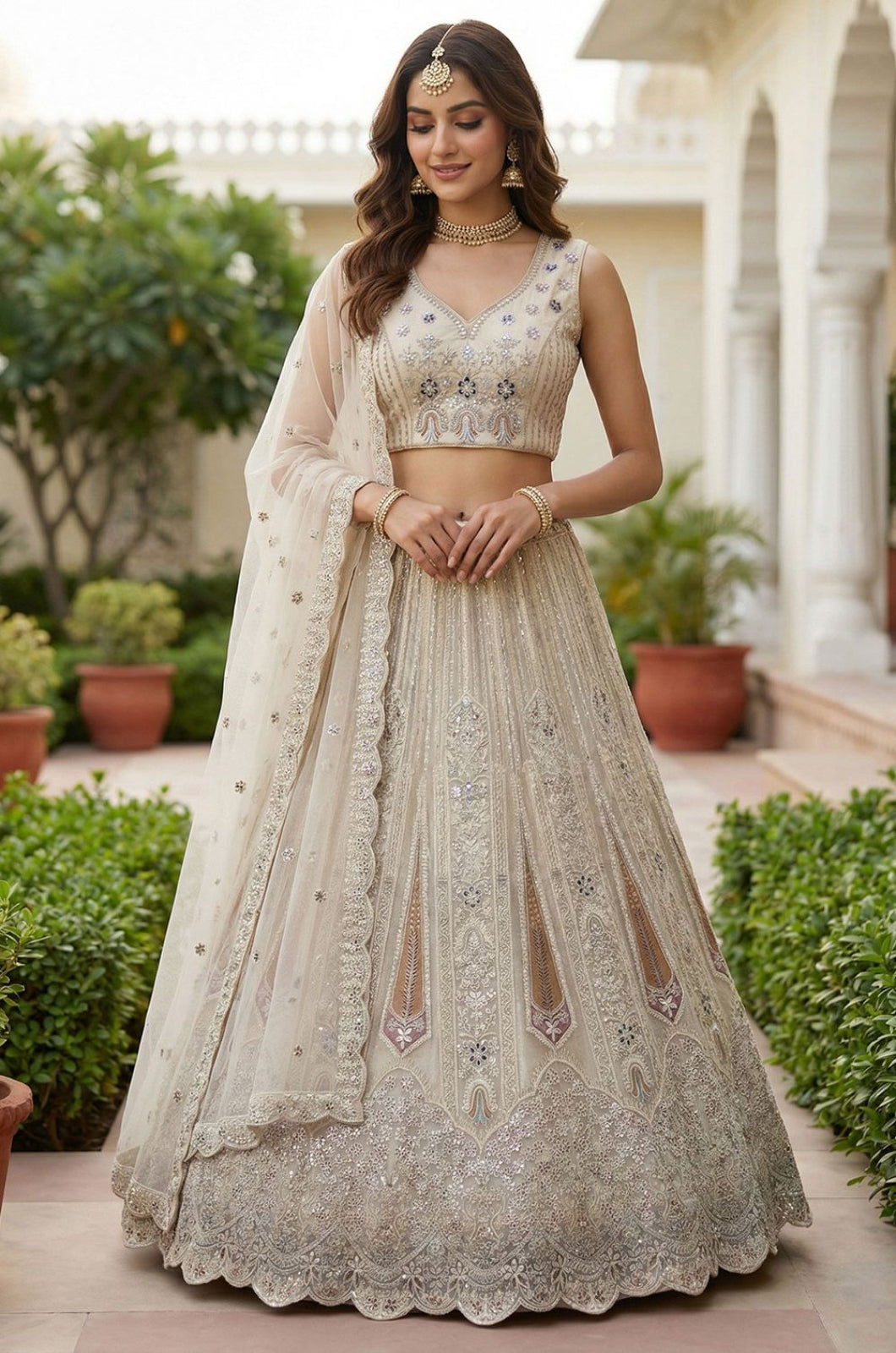 White Net Luminous Wedding Reception Lehenga Choli  SFANJ3238