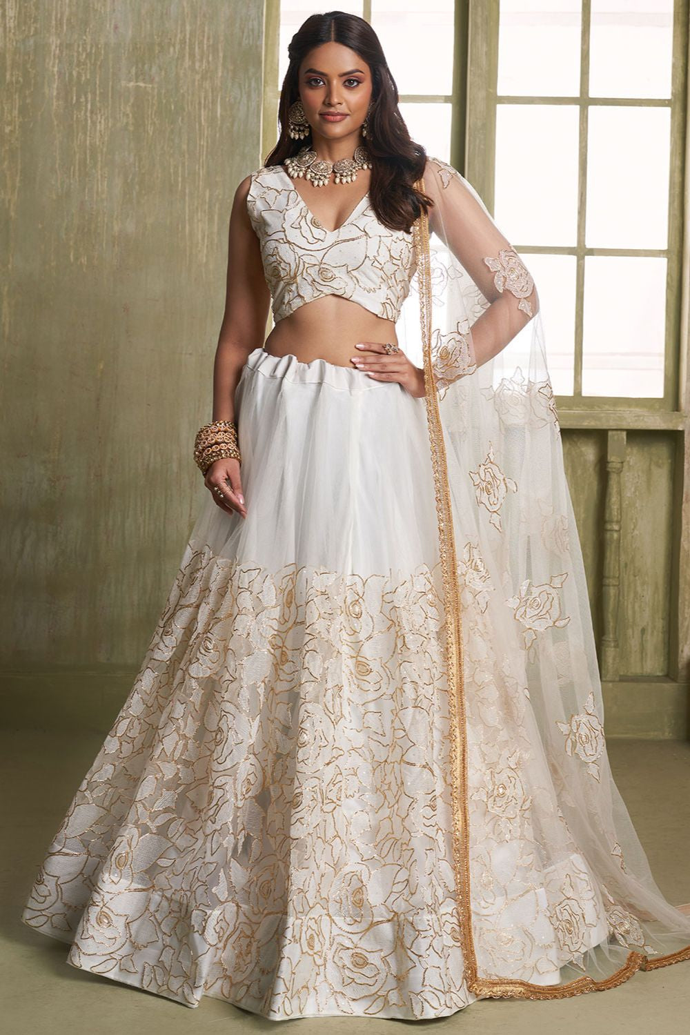 White Evening Wedding Net Wedding Lehenga Choli SFSA482604