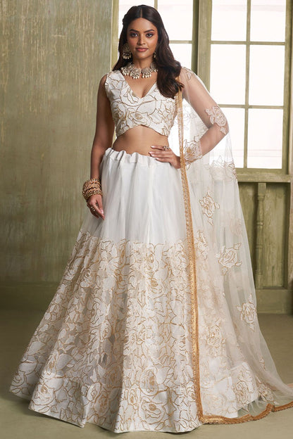 White Evening Wedding Net Wedding Lehenga Choli SFSA482604
