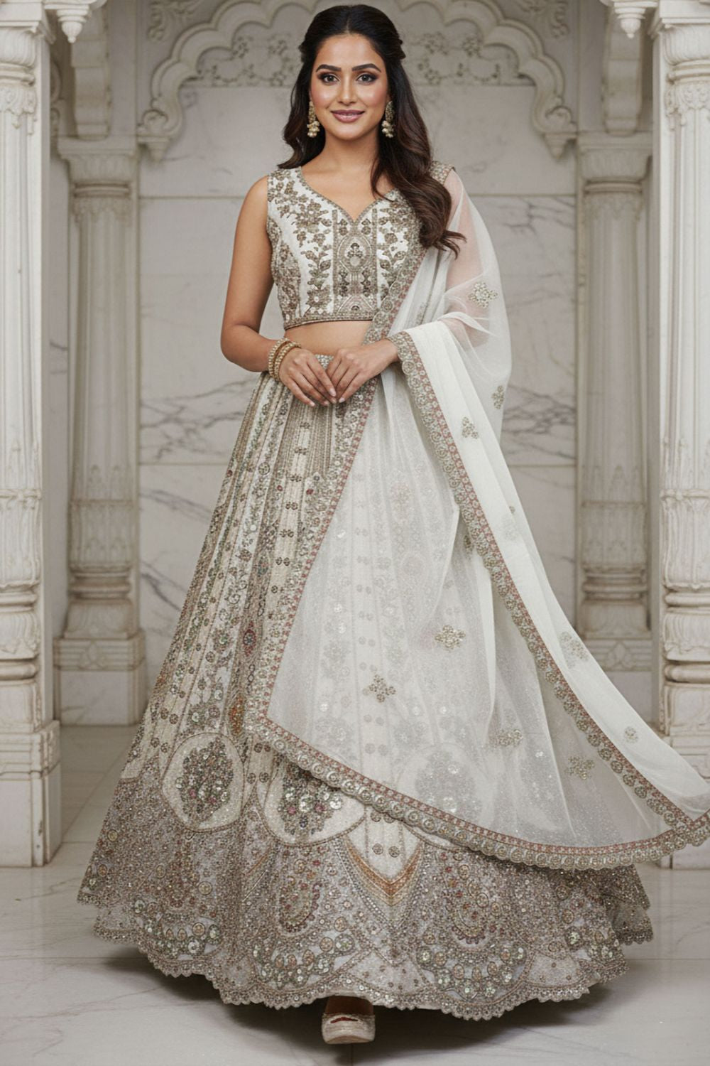 White Bridal Engagement Organza Lehenga Choli SFANJ3208